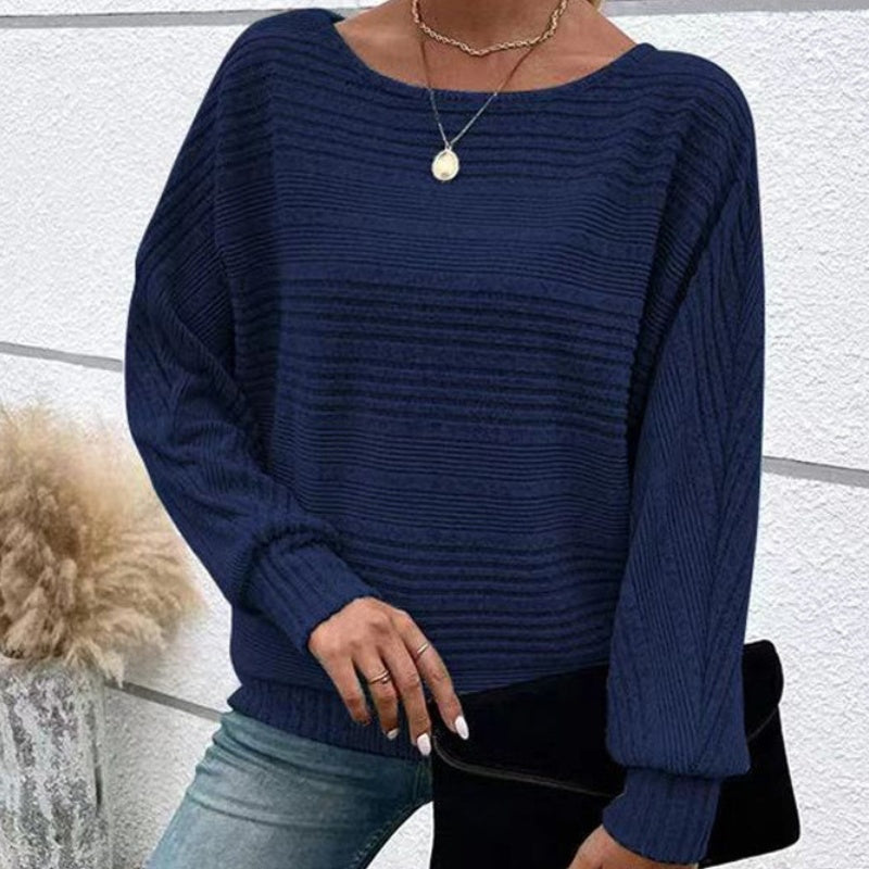 Solid Round-Neck Striped Top with Long Sleeves
