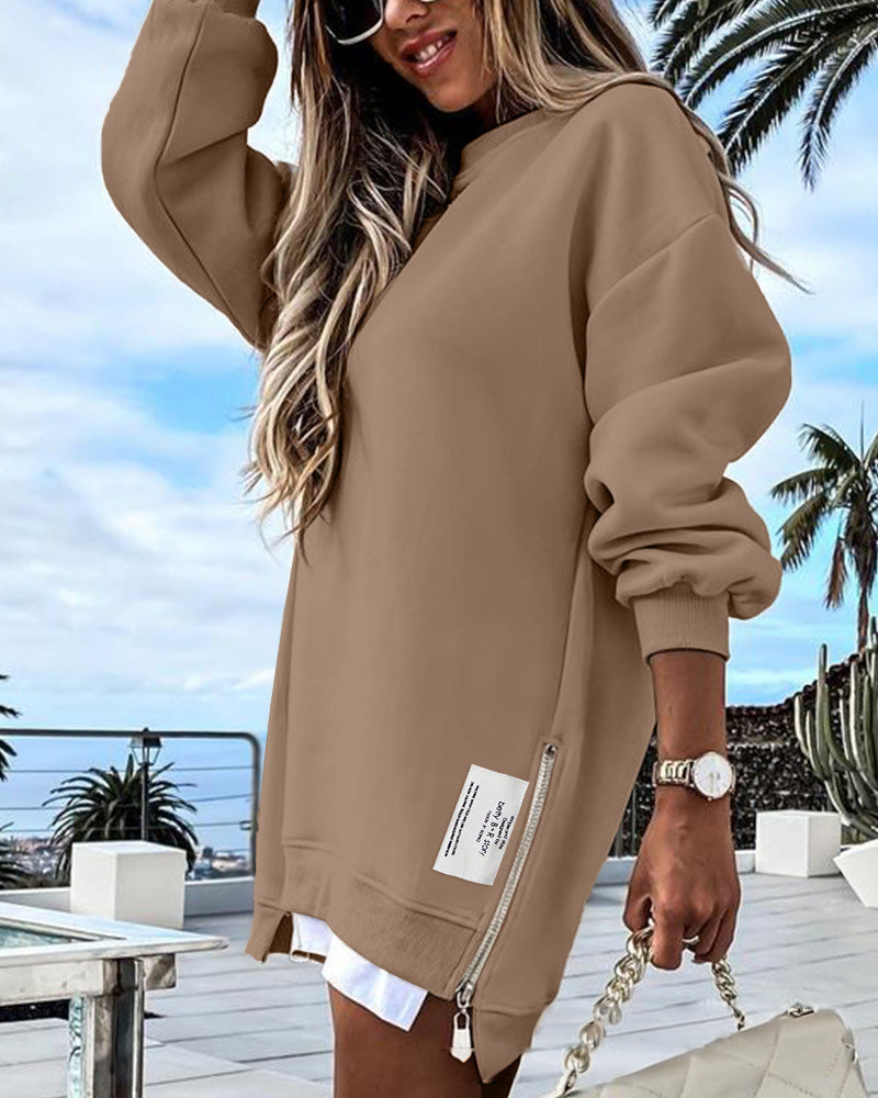 🔥2025 HOT SALE🔥 Long Sleeve Pullover Zipper Slit Casual Sweatshirt Dress