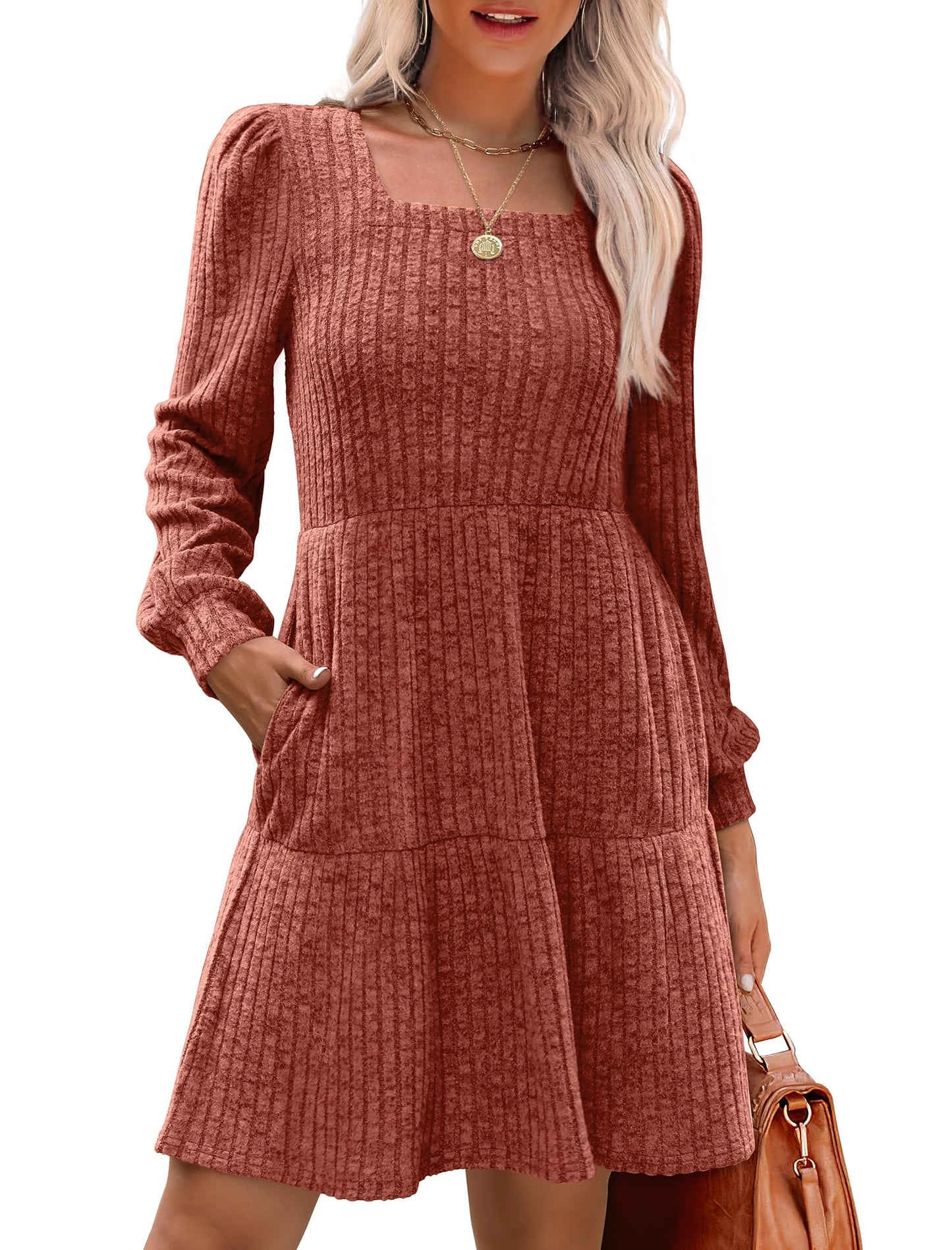 💖 Women's Square Neck Lantern Sleeve Ribbed Dress|Glow in Autumnal Elegance!🍁