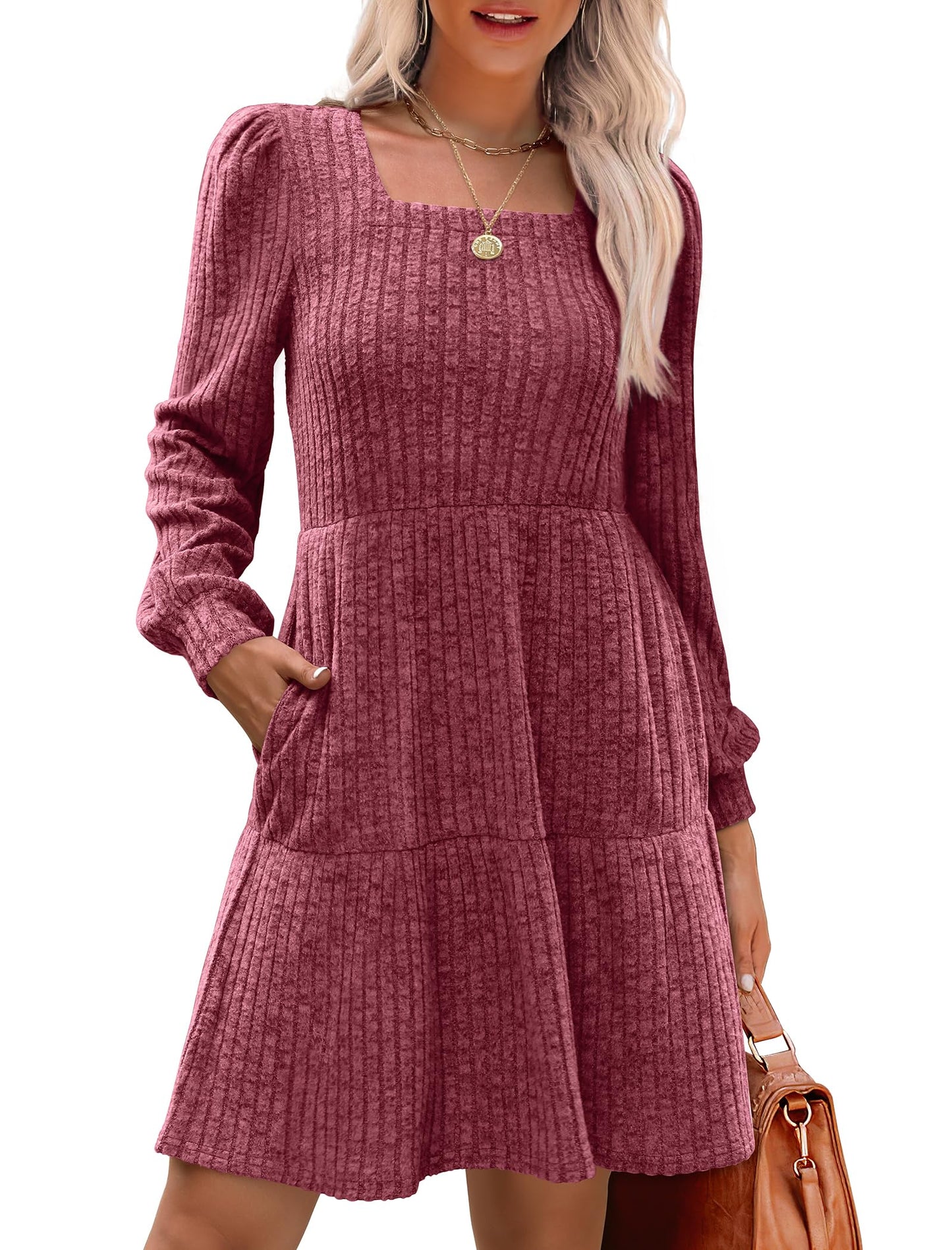 💖 Women's Square Neck Lantern Sleeve Ribbed Dress|Glow in Autumnal Elegance!🍁