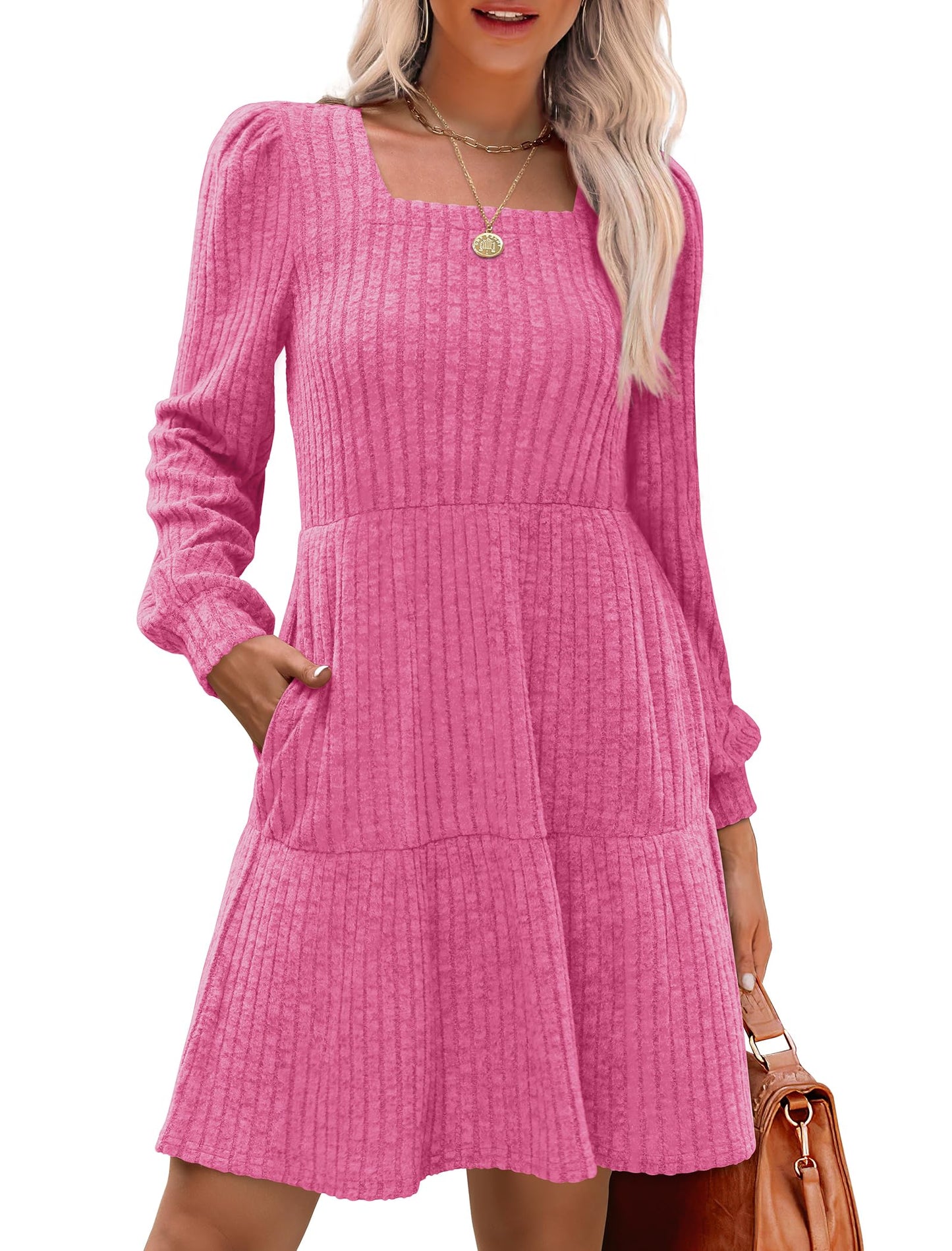 💖 Women's Square Neck Lantern Sleeve Ribbed Dress|Glow in Autumnal Elegance!🍁