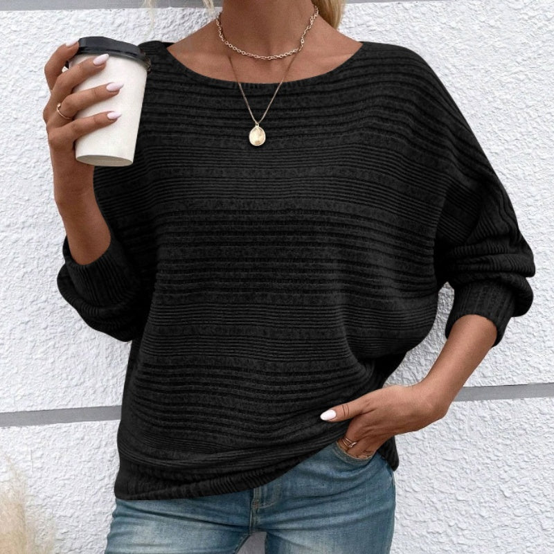 Solid Round-Neck Striped Top with Long Sleeves